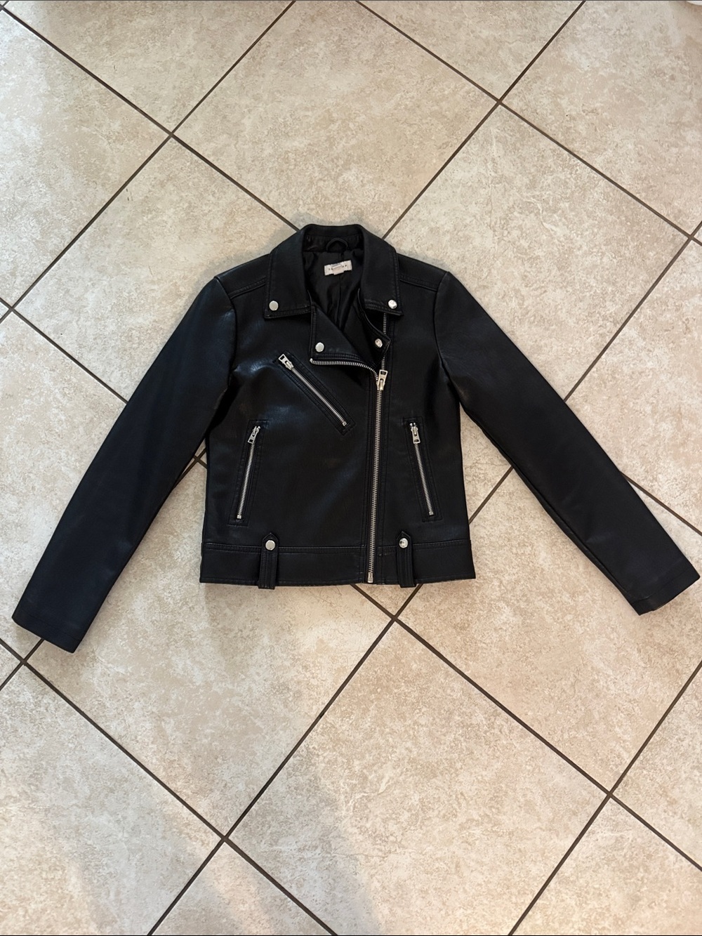 Topshop Black Faux Leather Moto Jacket with Silver Hardware